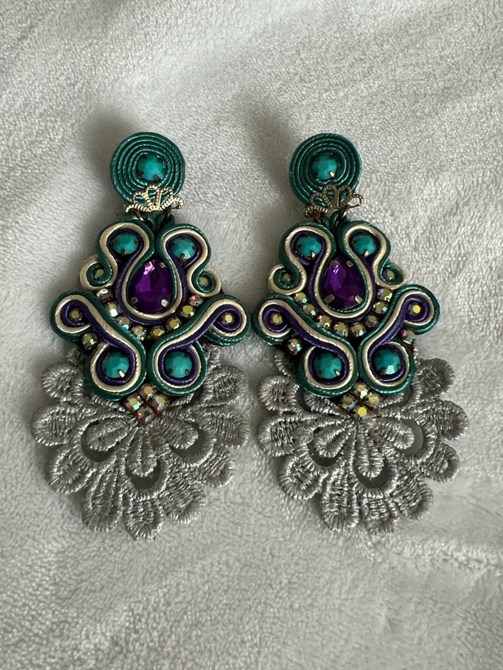 Handcrafted Teal and Purple Soutache Drop Earrings